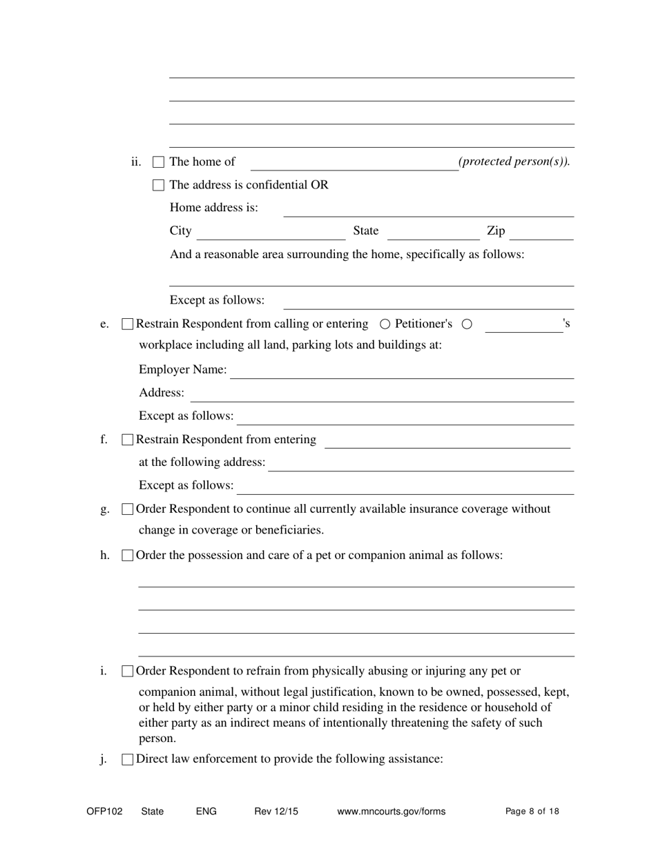 Form OFP102 Petitioners Affidavit and Petition for Order for Protection - Minnesota, Page 8