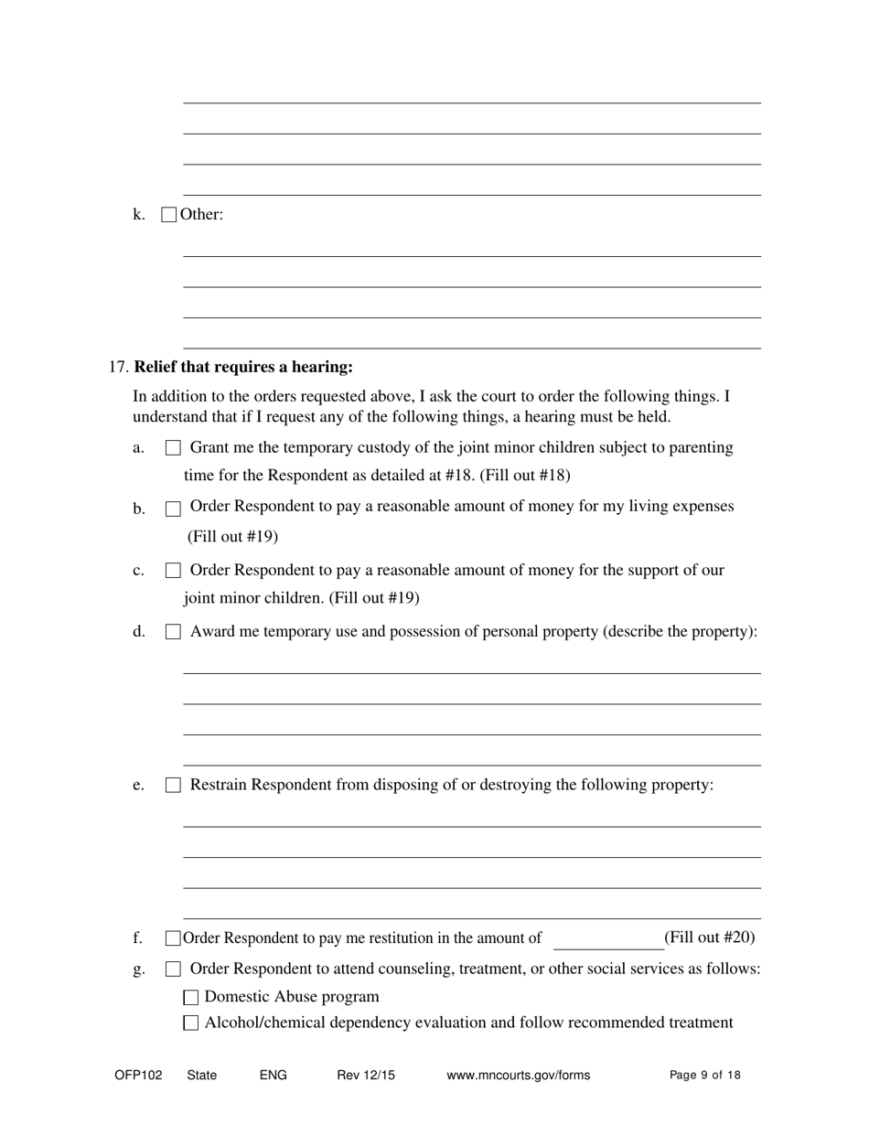 Form OFP102 Petitioners Affidavit and Petition for Order for Protection - Minnesota, Page 9