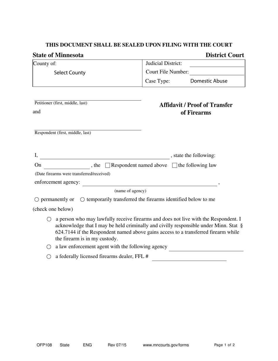 Form OFP108 Affidavit / Proof of Transfer of Firearms - Minnesota, Page 1