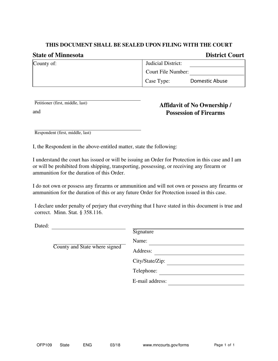 Form OFP109 Affidavit of No Ownership / Possession of Firearms - Minnesota, Page 1