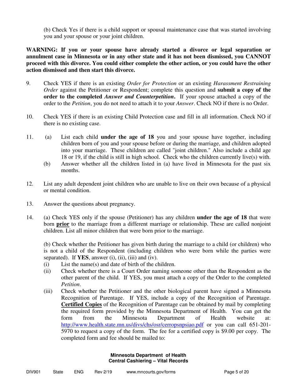 Instructions for Form DIV902 Answer and Counter Petition - Minnesota, Page 5