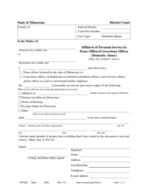 Form OFP502 Affidavit of Personal Service by Peace Officer/Corrections Officer (Domestic Abuse) - Minnesota