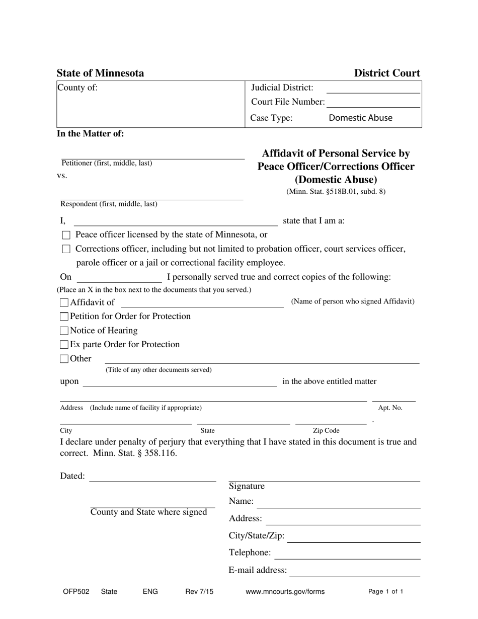 Form OFP502 Affidavit of Personal Service by Peace Officer / Corrections Officer (Domestic Abuse) - Minnesota, Page 1