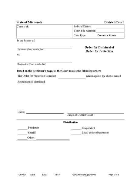 Form OFP604 Order for Dismissal of Order for Protection - Minnesota