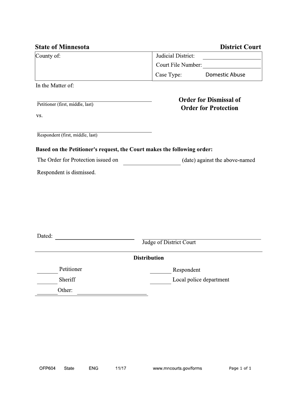 Form OFP604 Order for Dismissal of Order for Protection - Minnesota, Page 1