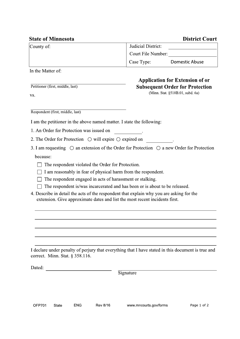 Form OFP701 Application for Extension of or Subsequent Order for Protection - Minnesota, Page 1