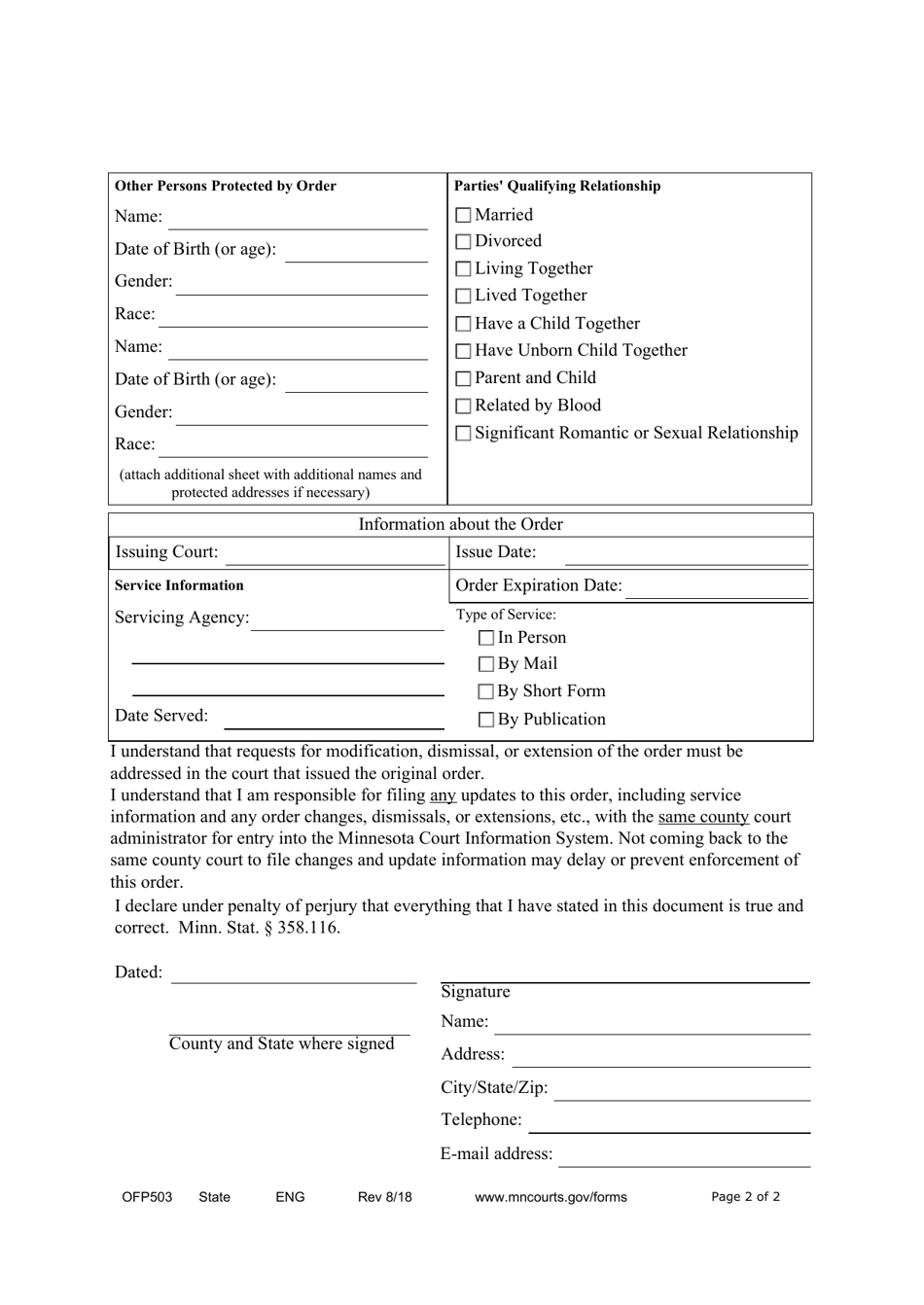 Form OFP503 Affidavit for Filing Foreign Protective Order - Minnesota, Page 2