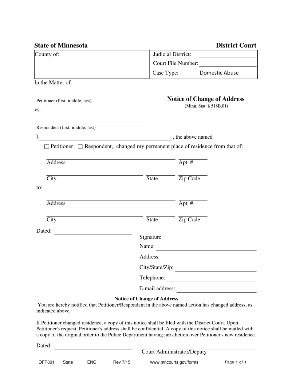 Form OFP801 Notice of Change of Address - Minnesota, Page 1