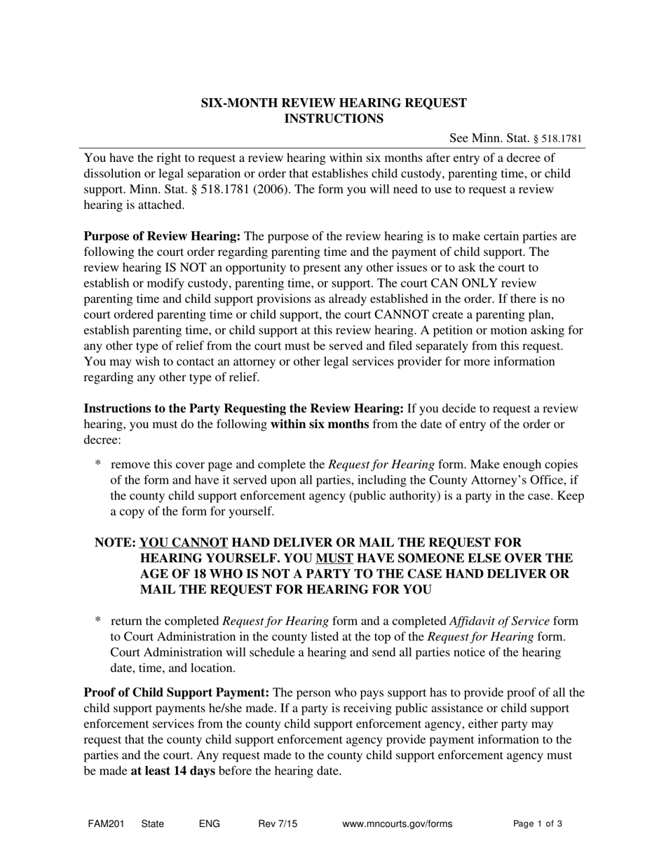 Form FAM201 Six-Month Review Hearing Request - Minnesota, Page 1