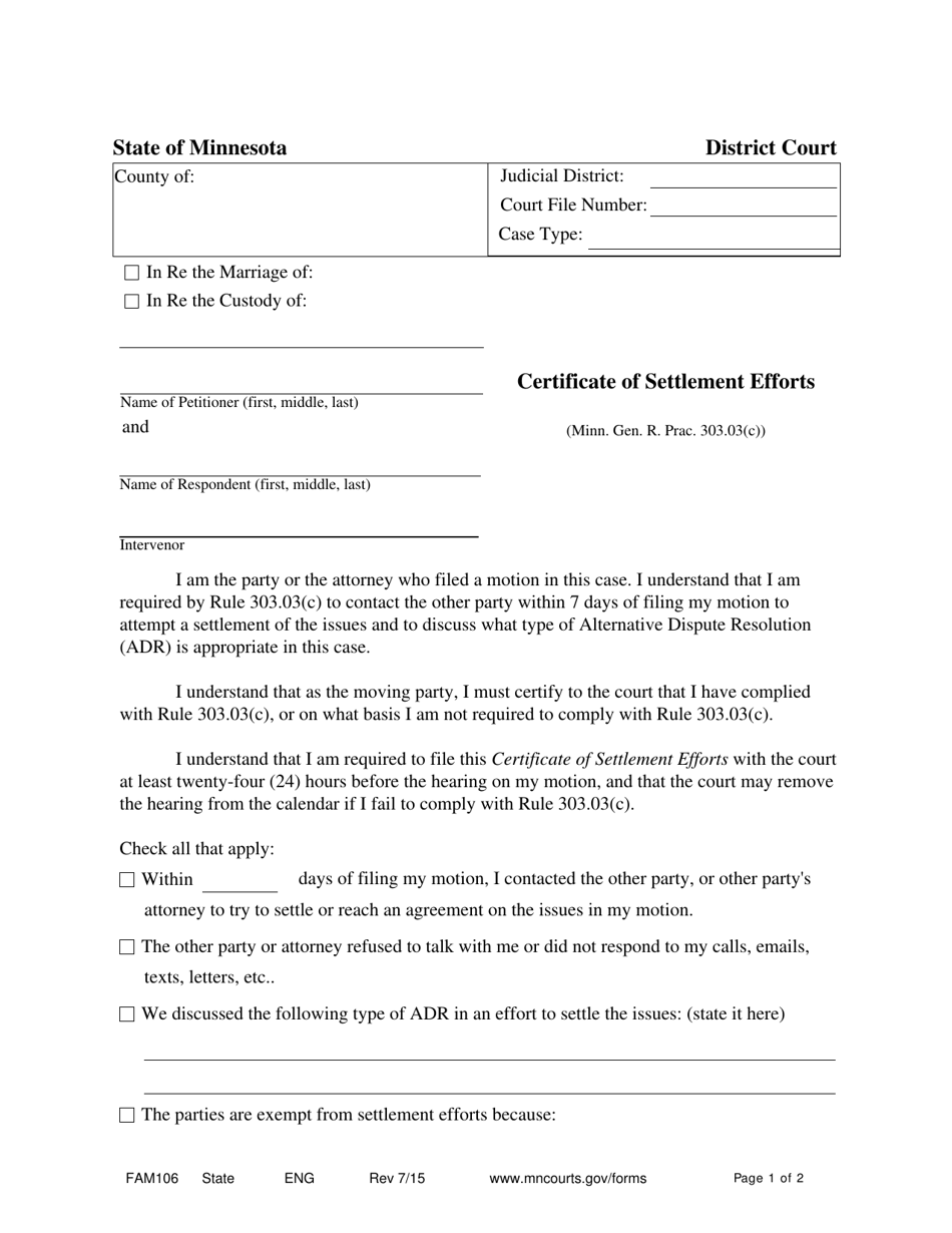 Form FAM106 Certificate of Settlement Efforts - Minnesota, Page 1