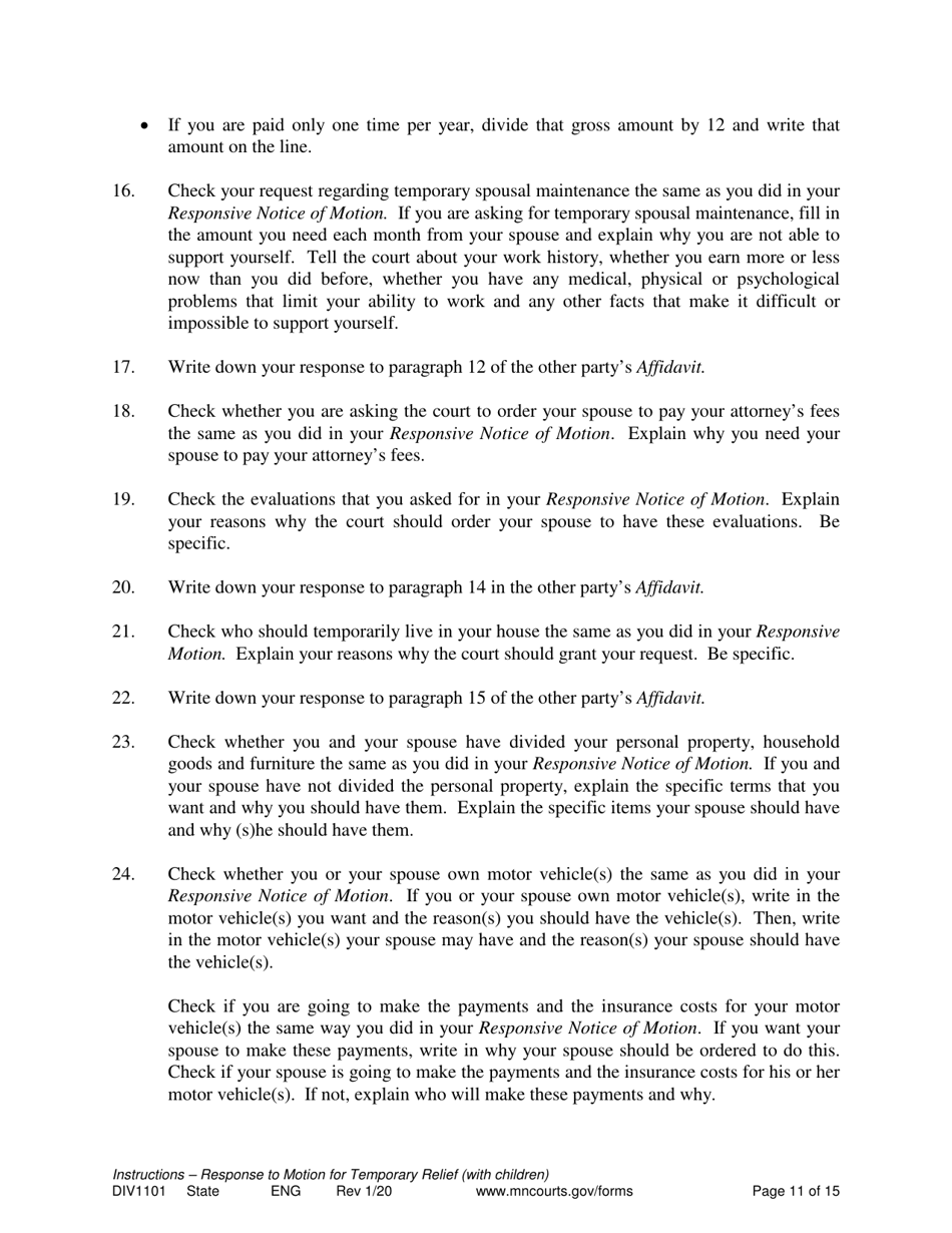 Form DIV1101 Response to a Request for Temporary Relief Pending Final Hearing With Children - Minnesota, Page 11