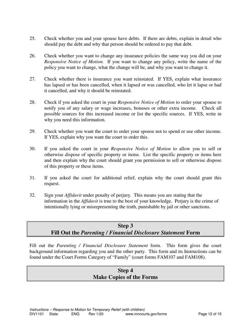 Form DIV1101 Response to a Request for Temporary Relief Pending Final Hearing With Children - Minnesota, Page 12