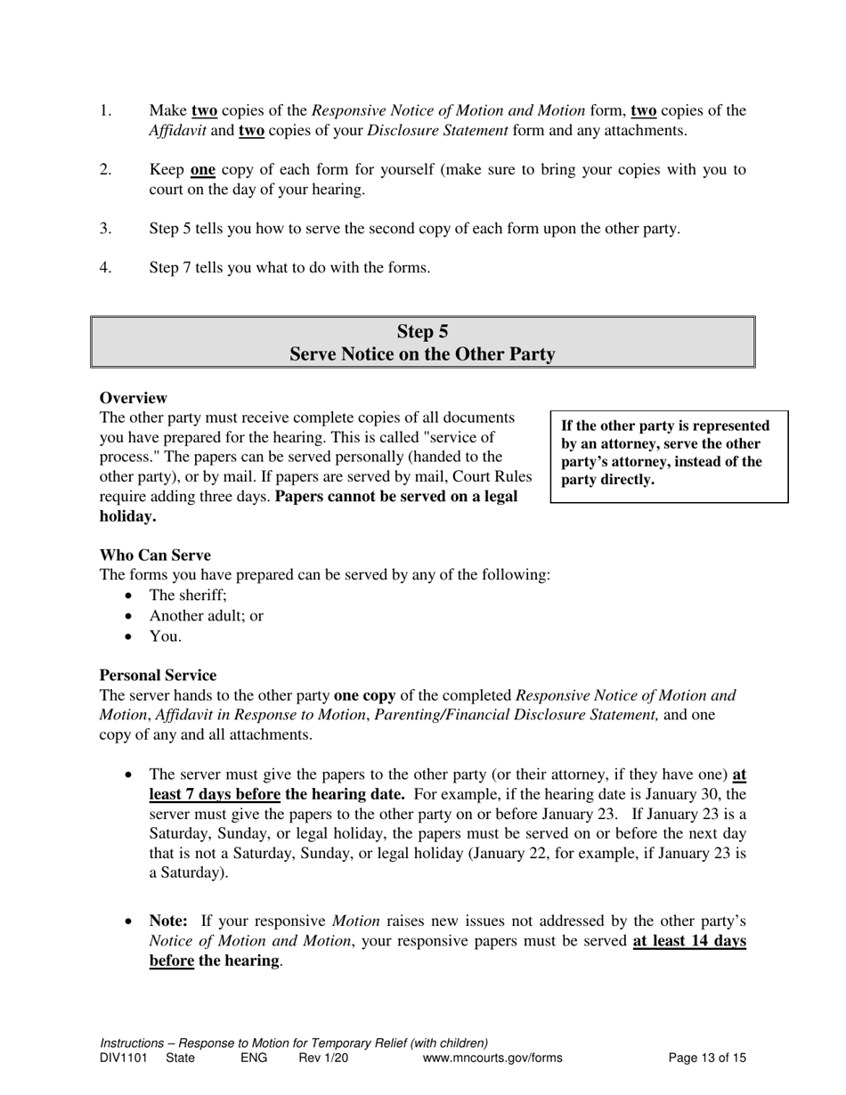 Form DIV1101 Response to a Request for Temporary Relief Pending Final Hearing With Children - Minnesota, Page 13