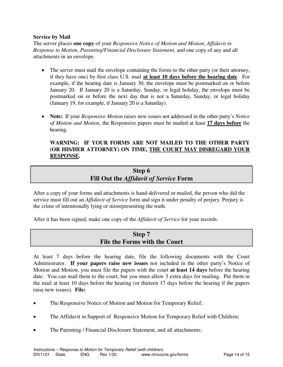 Form DIV1101 Response to a Request for Temporary Relief Pending Final Hearing With Children - Minnesota, Page 14