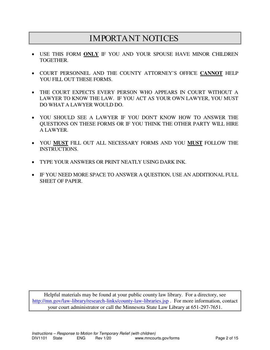 Form DIV1101 Response to a Request for Temporary Relief Pending Final Hearing With Children - Minnesota, Page 2