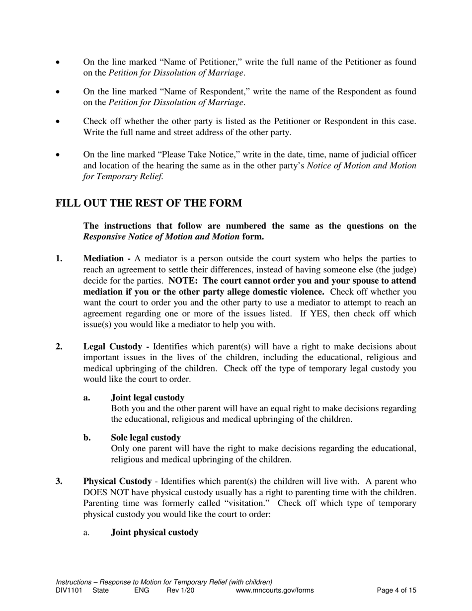Form DIV1101 Response to a Request for Temporary Relief Pending Final Hearing With Children - Minnesota, Page 4