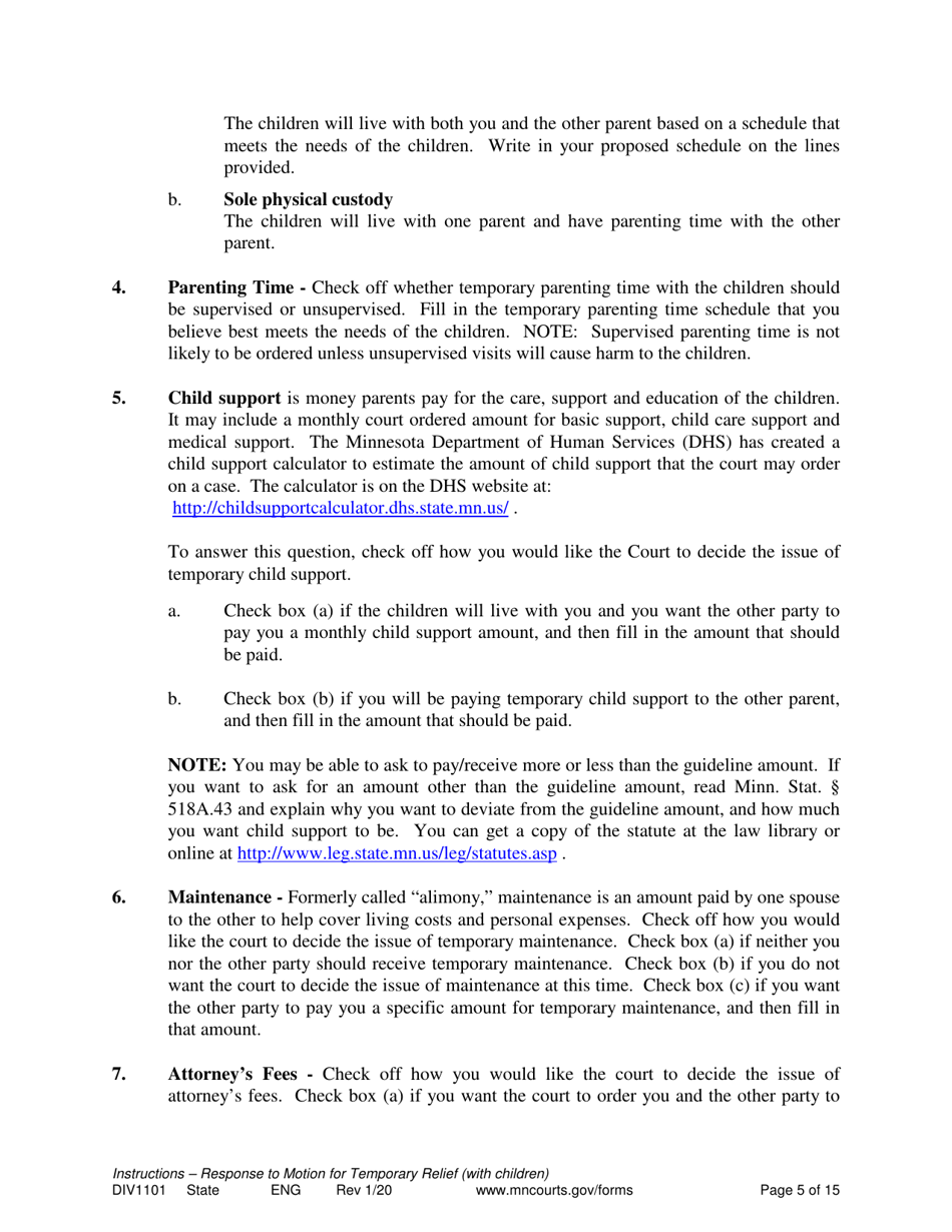 Form DIV1101 Response to a Request for Temporary Relief Pending Final Hearing With Children - Minnesota, Page 5