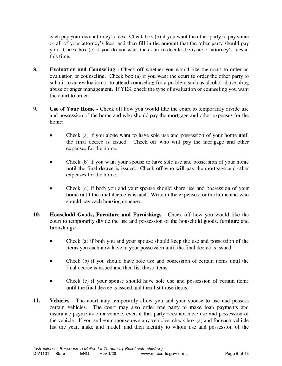 Form DIV1101 Response to a Request for Temporary Relief Pending Final Hearing With Children - Minnesota, Page 6