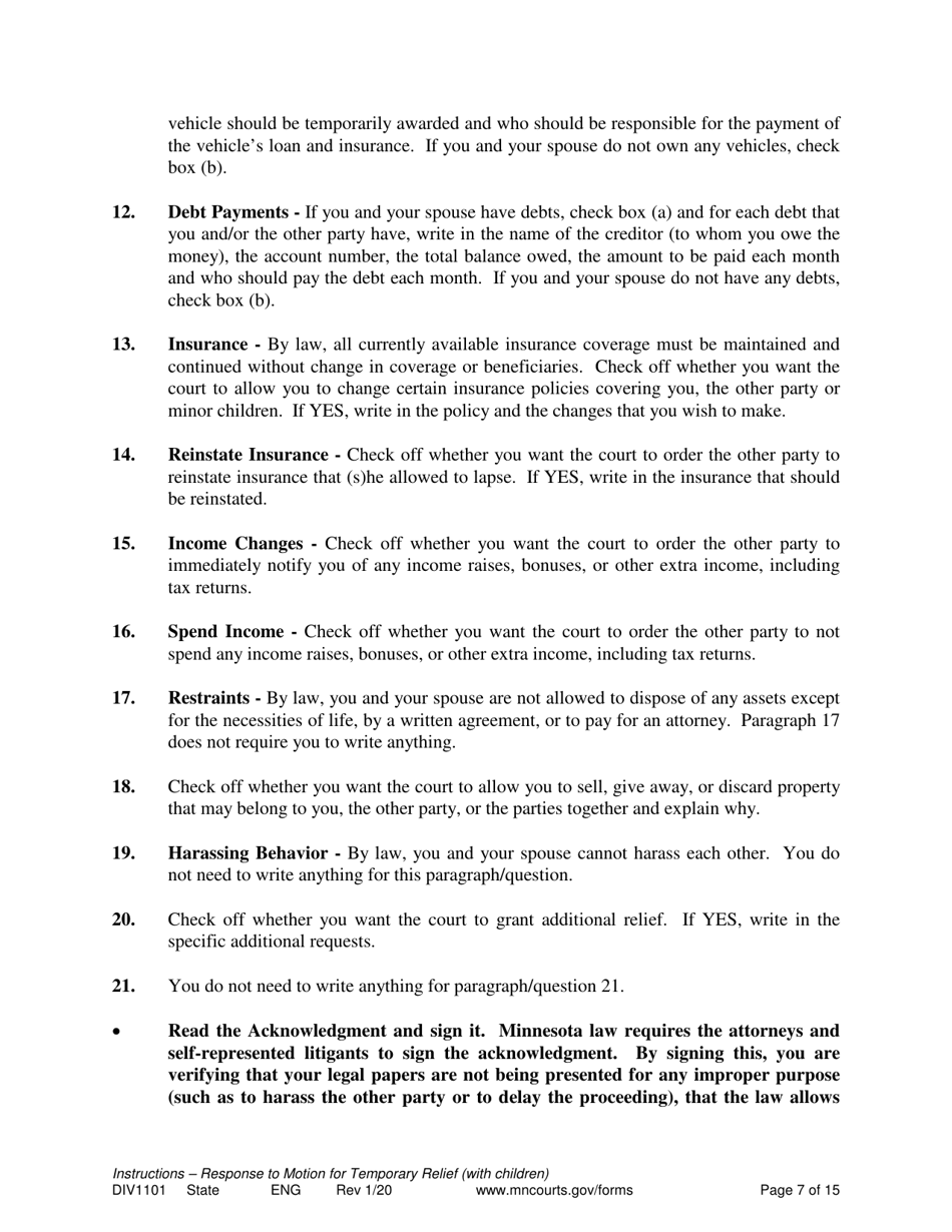 Form DIV1101 Response to a Request for Temporary Relief Pending Final Hearing With Children - Minnesota, Page 7