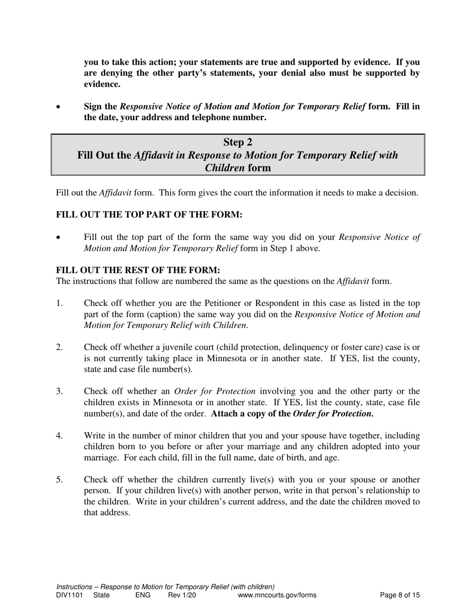 Form DIV1101 Response to a Request for Temporary Relief Pending Final Hearing With Children - Minnesota, Page 8