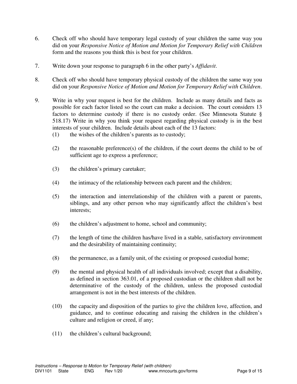 Form DIV1101 Response to a Request for Temporary Relief Pending Final Hearing With Children - Minnesota, Page 9