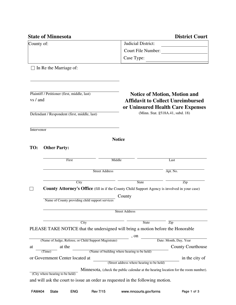 Form FAM404 Notice of Motion, Motion and Affidavit to Collect Unreimbursed or Uninsured Health Care Expenses - Minnesota, Page 1