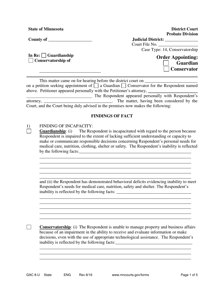 Form GAC8-U Order Appointing Guardian conservator - Minnesota, Page 1