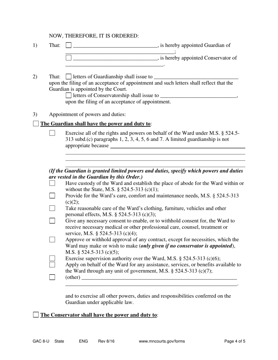 Form GAC8-U Order Appointing Guardian conservator - Minnesota, Page 4