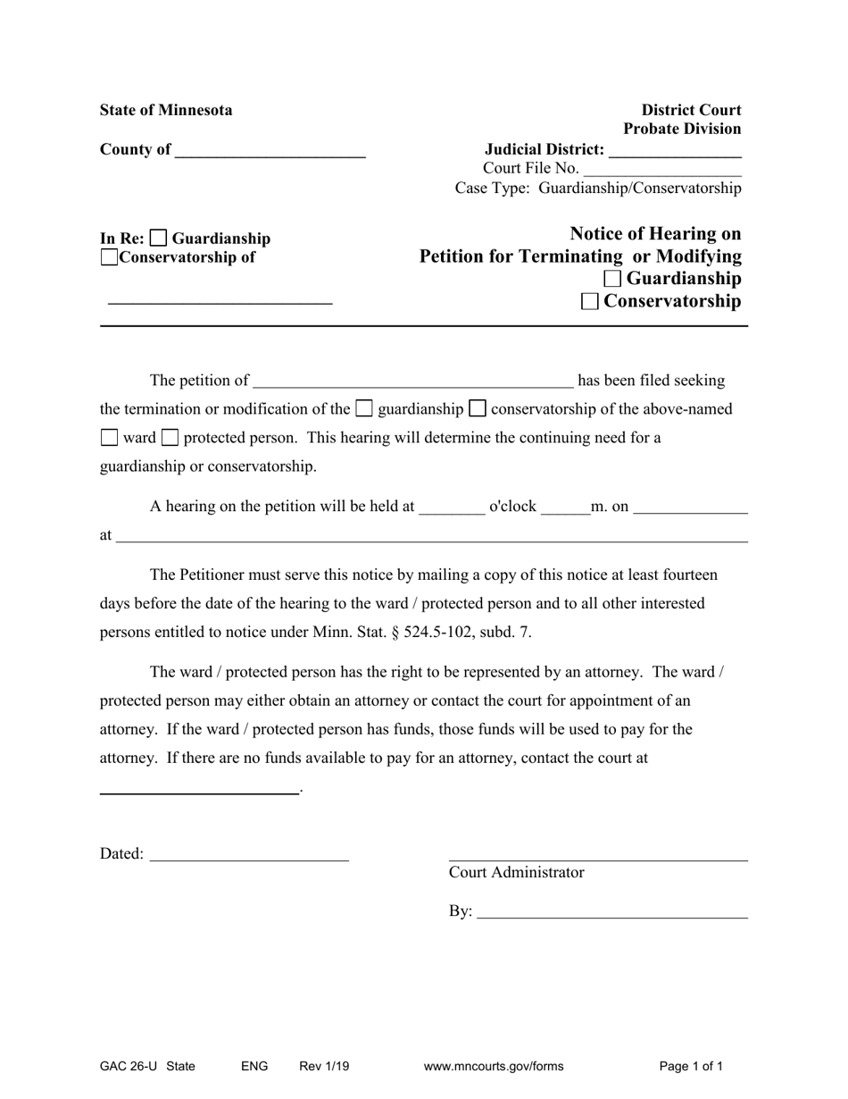 Form GAC26-U Notice of Hearing on Petition for Terminating or Modifying Guardianship / Conservatorship - Minnesota, Page 1