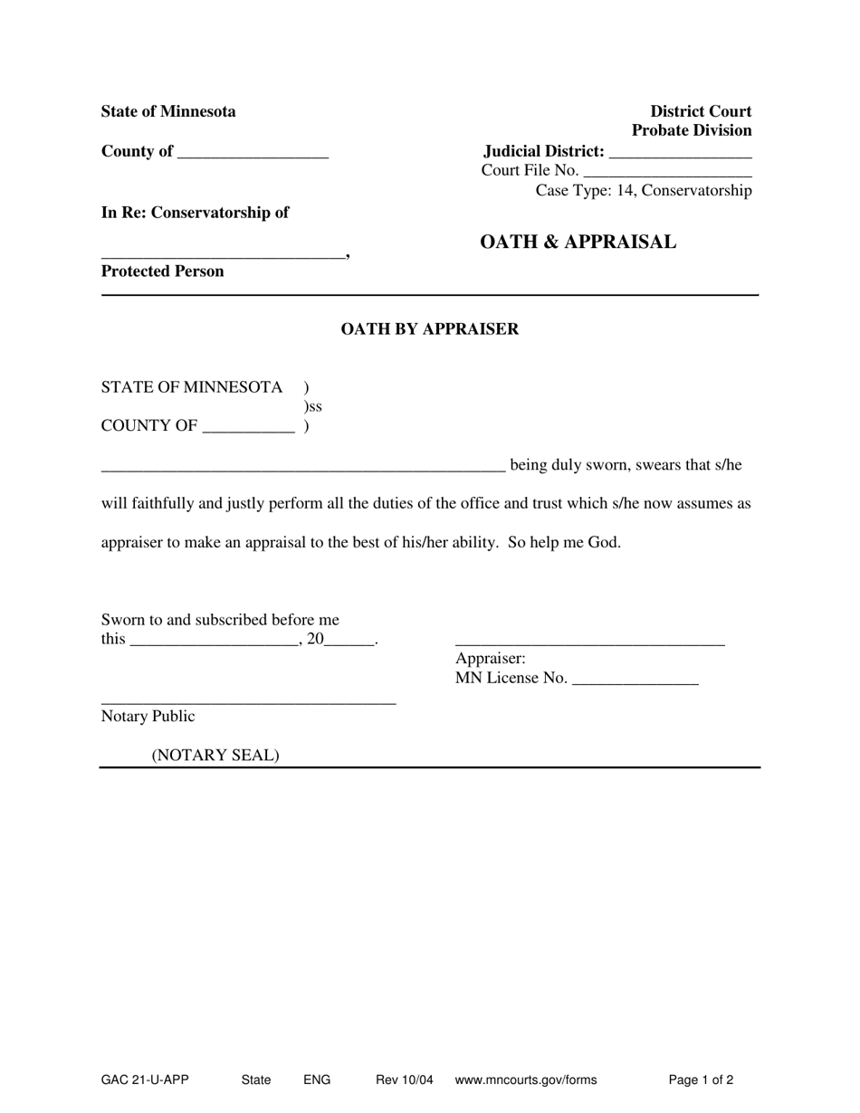 Form GAC21-U-APP Oath  Appraiser - Minnesota, Page 1