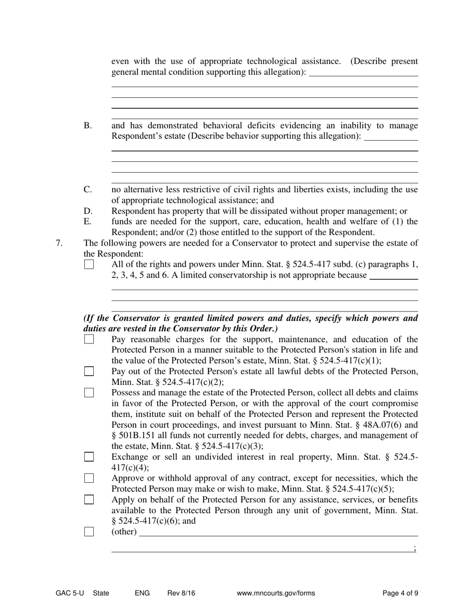 Form GAC5-U Petition for Appointment of Guardian / Conservator - Minnesota, Page 4