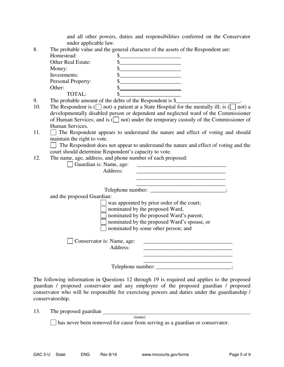 Form GAC5-U Petition for Appointment of Guardian / Conservator - Minnesota, Page 5