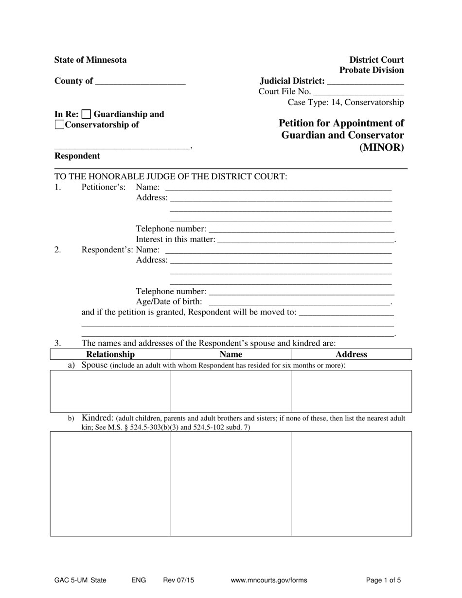 Form GAC5-UM Petition for Appointment of Guardian and Conservator (Minor) - Minnesota, Page 1