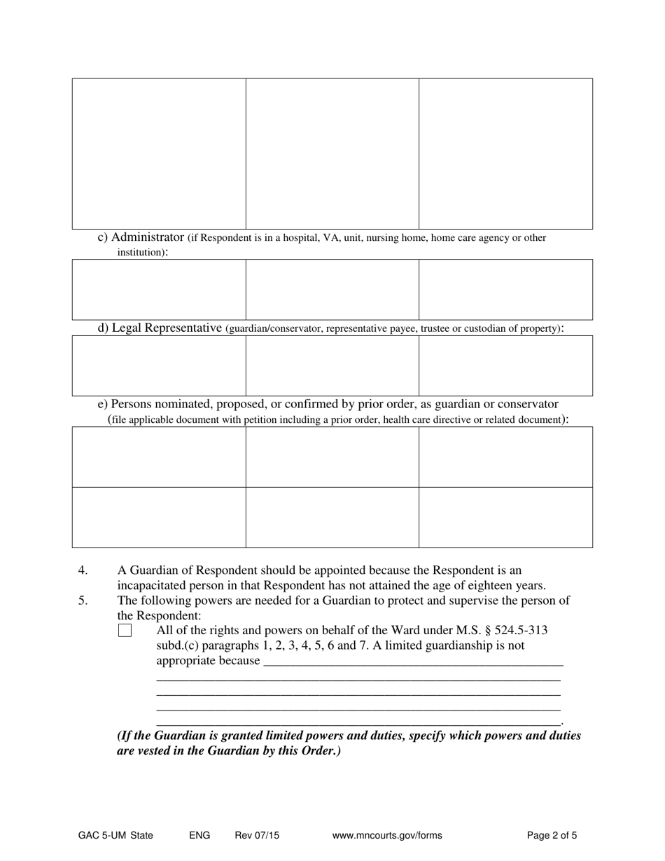 Form GAC5-UM Petition for Appointment of Guardian and Conservator (Minor) - Minnesota, Page 2