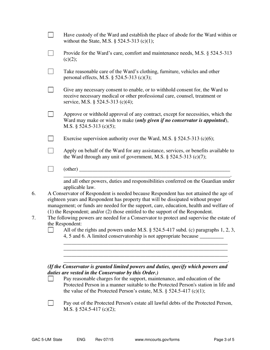 Form GAC5-UM Petition for Appointment of Guardian and Conservator (Minor) - Minnesota, Page 3
