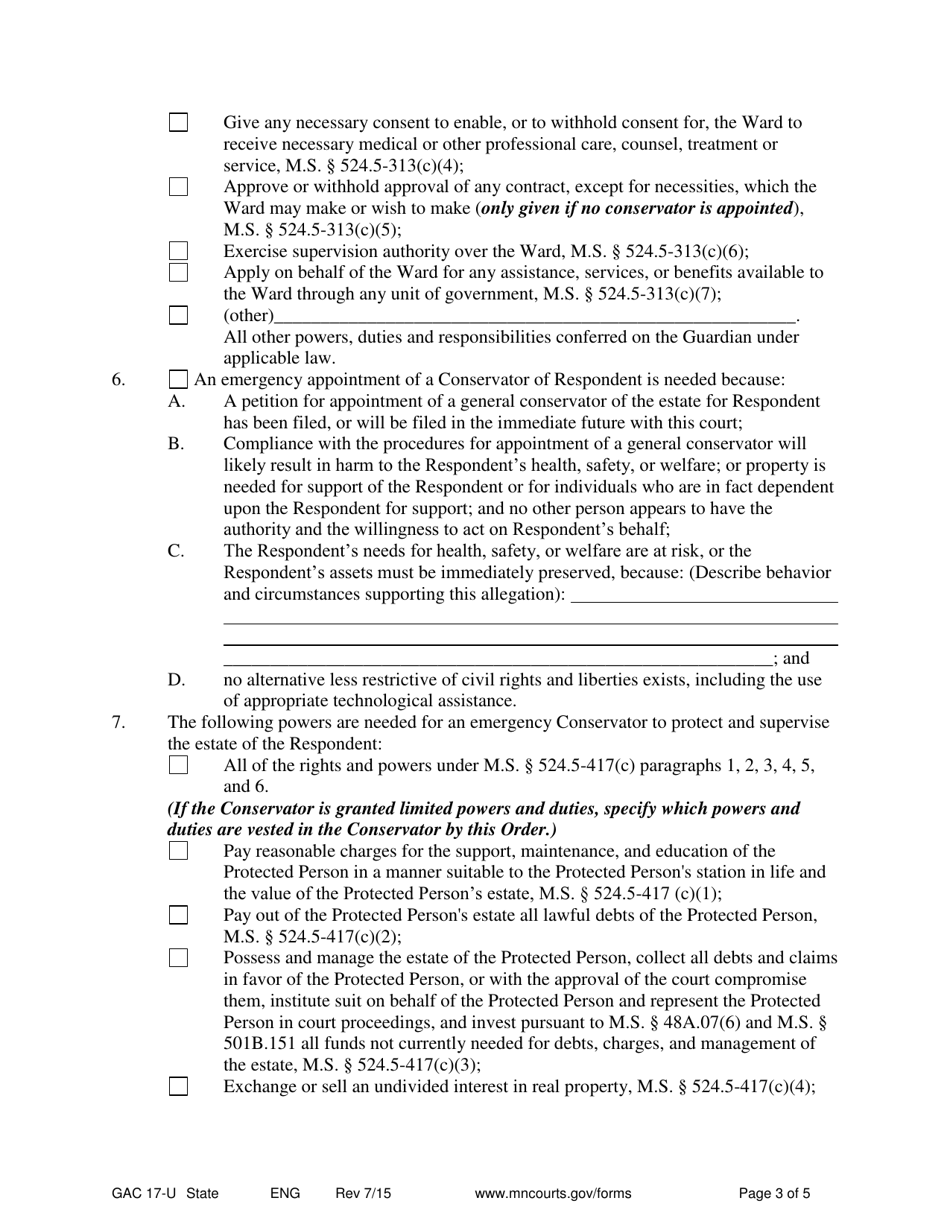 Form GAC17-U Petition for Emergency Guardian / Conservator - Minnesota, Page 3