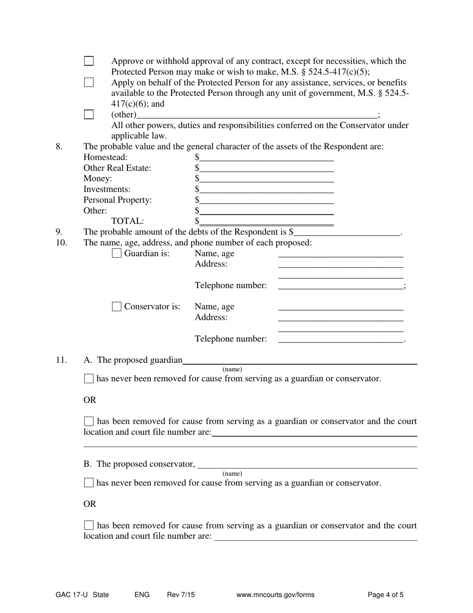 Form GAC17-U Petition for Emergency Guardian / Conservator - Minnesota, Page 4