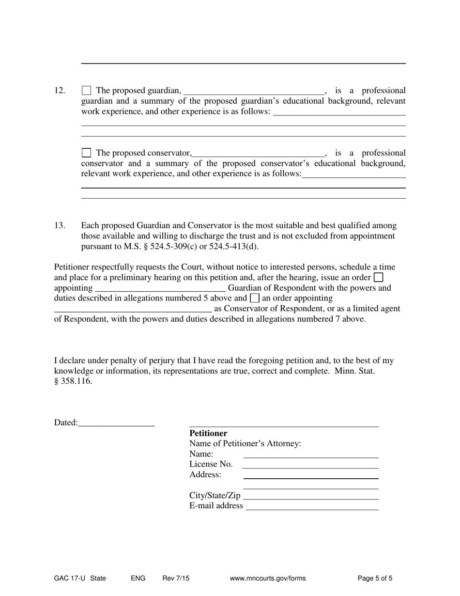 Form GAC17-U Petition for Emergency Guardian / Conservator - Minnesota, Page 5