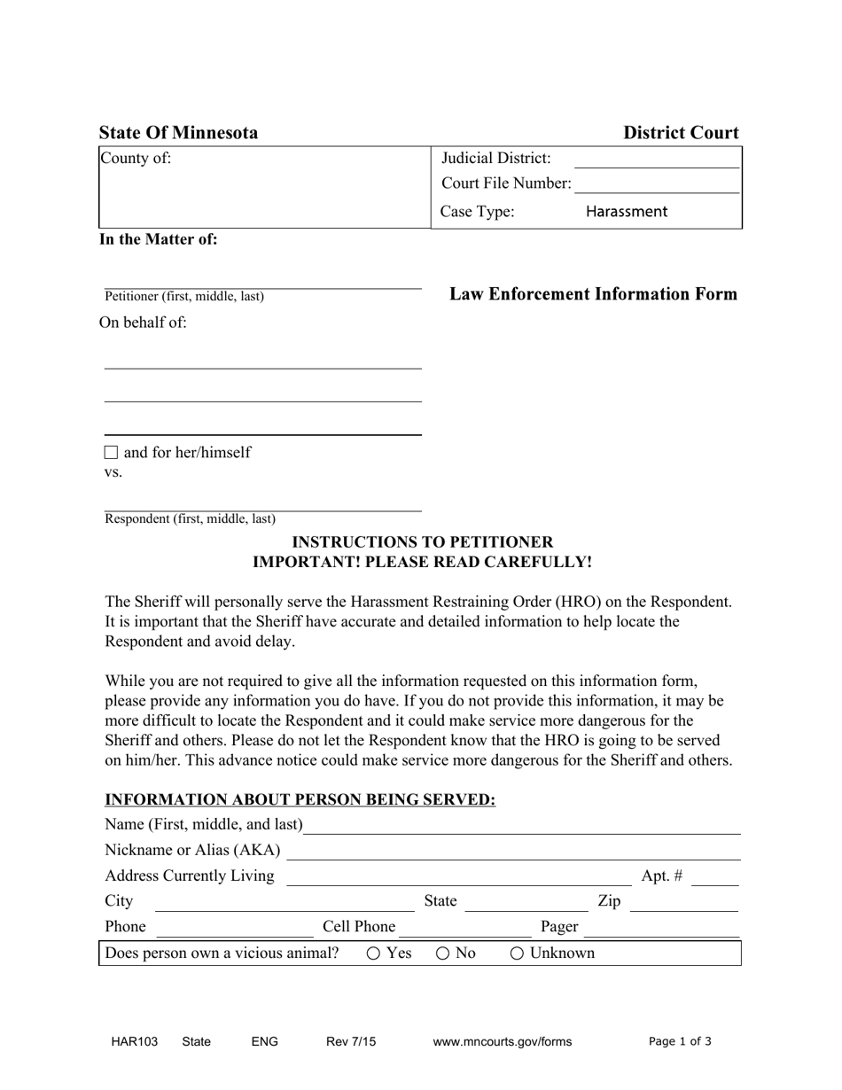 Form HAR103 Law Enforcement Information Form - Minnesota, Page 1