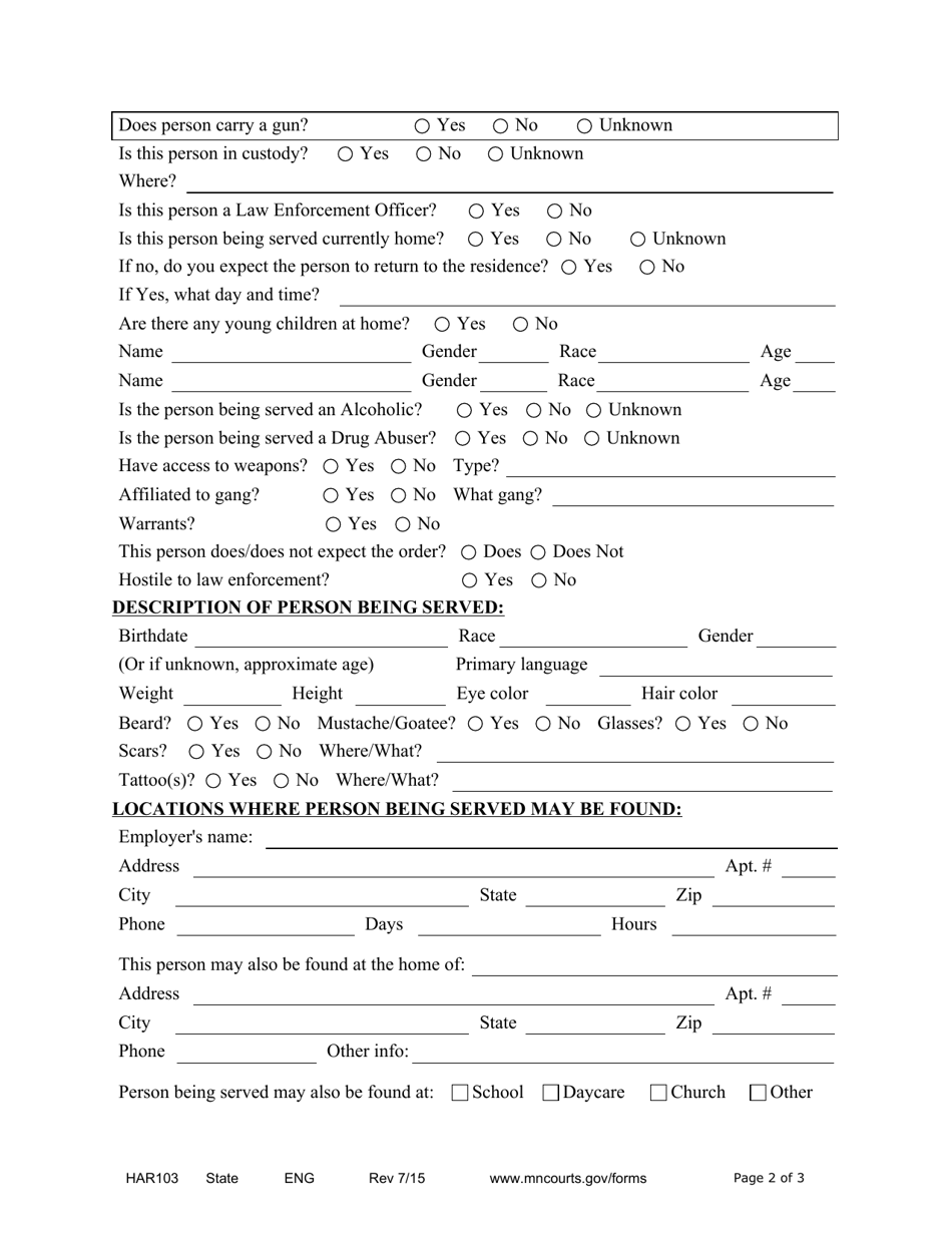 Form HAR103 Law Enforcement Information Form - Minnesota, Page 2