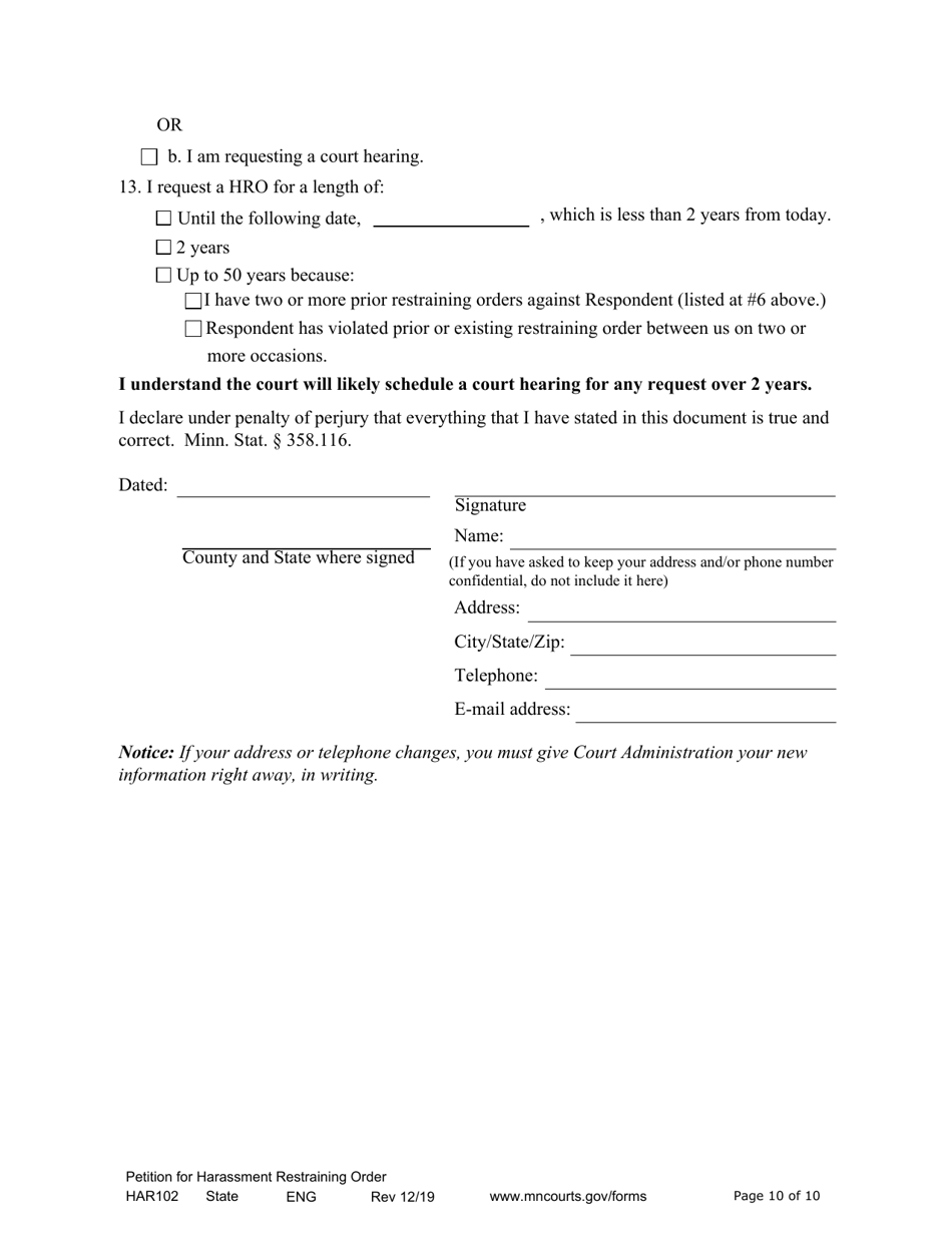 Form HAR102 Petition for Harassment Restraining Order - Minnesota, Page 10