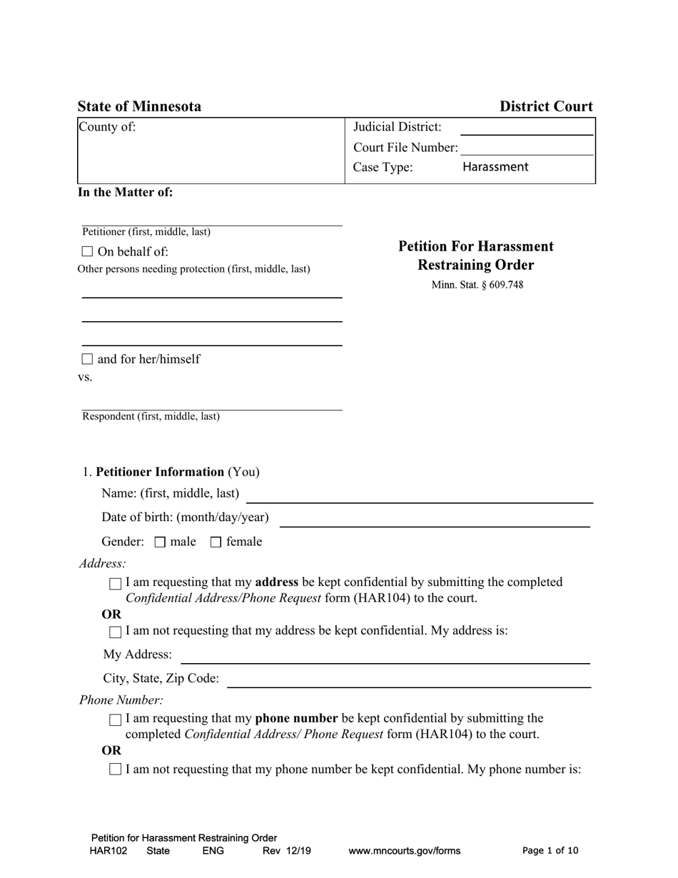 Form HAR102 Petition for Harassment Restraining Order - Minnesota, Page 1
