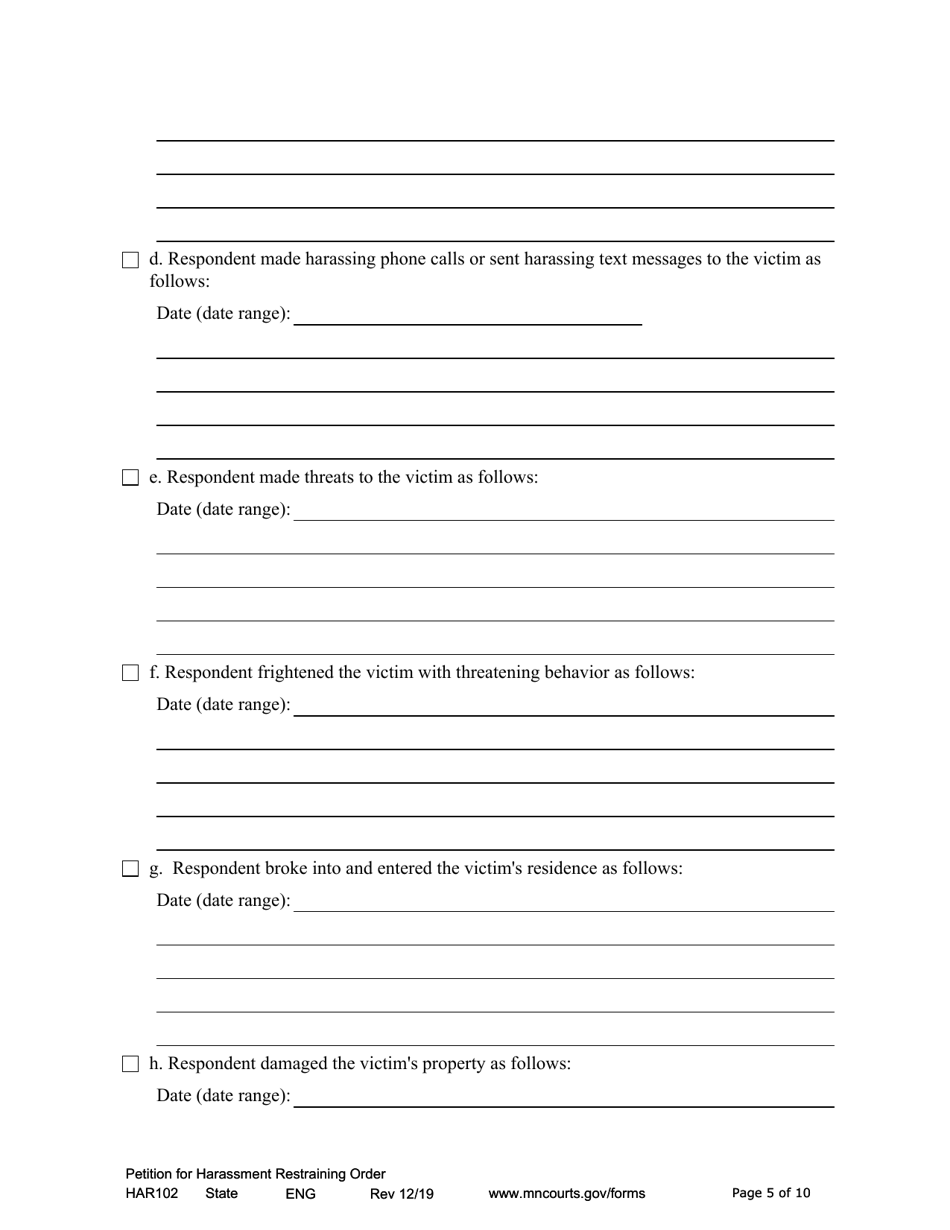 Form HAR102 Petition for Harassment Restraining Order - Minnesota, Page 5