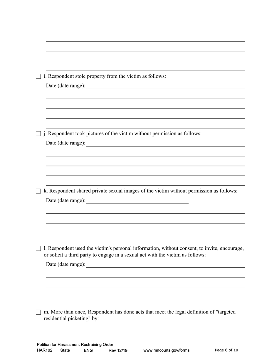 Form HAR102 Petition for Harassment Restraining Order - Minnesota, Page 6