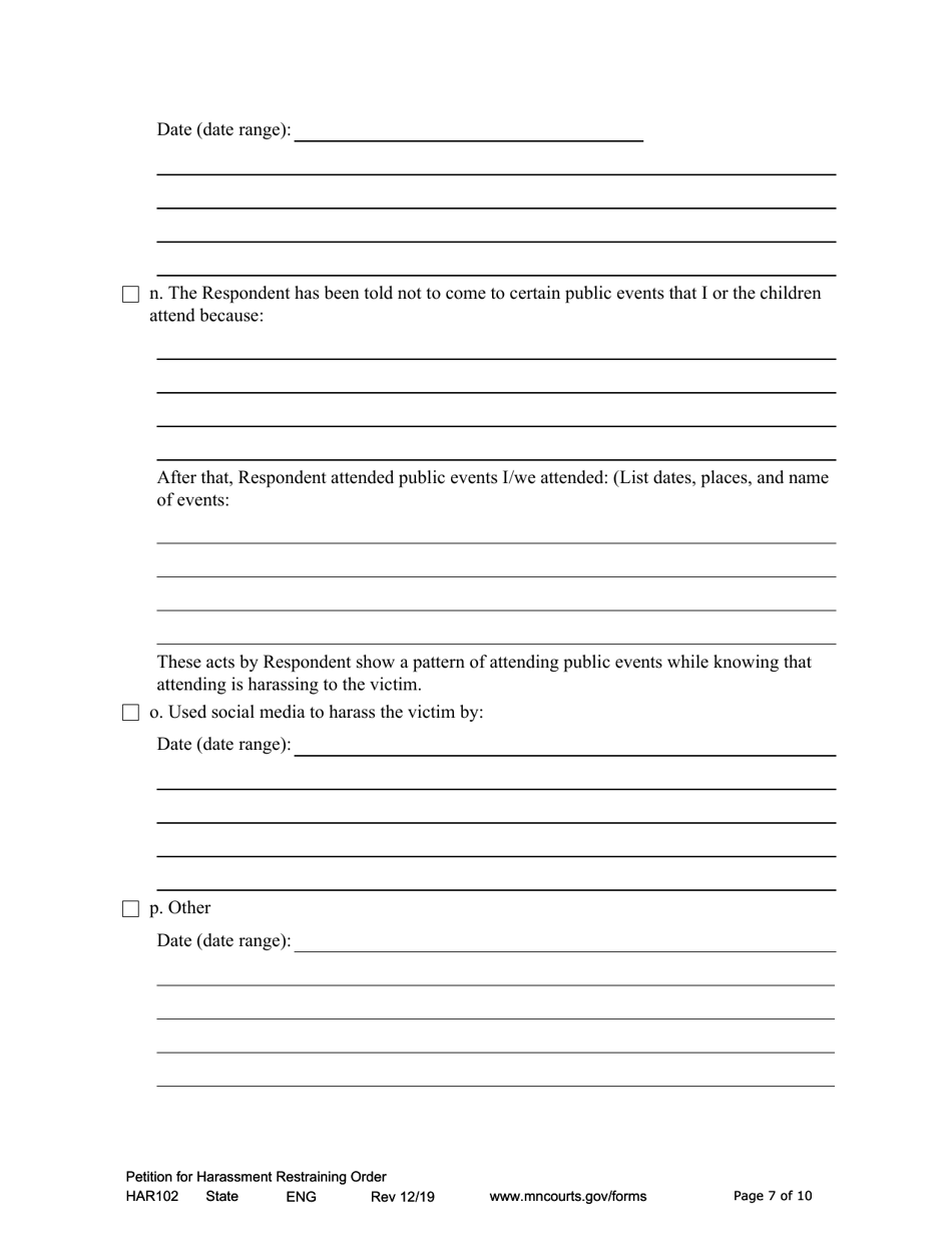 Form HAR102 Petition for Harassment Restraining Order - Minnesota, Page 7