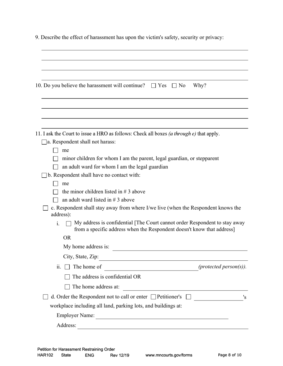 Form HAR102 Petition for Harassment Restraining Order - Minnesota, Page 8