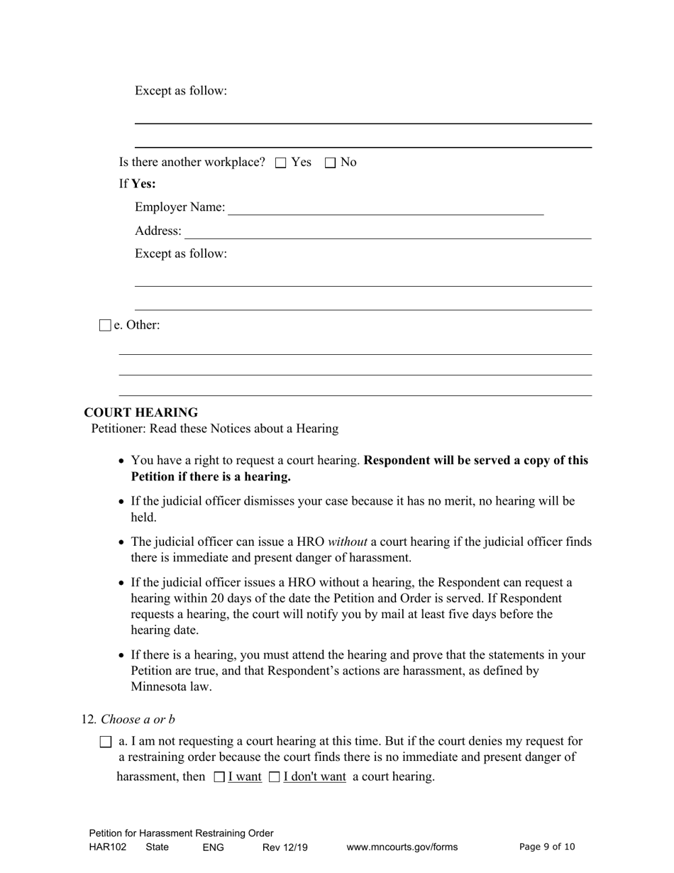 Form HAR102 Petition for Harassment Restraining Order - Minnesota, Page 9