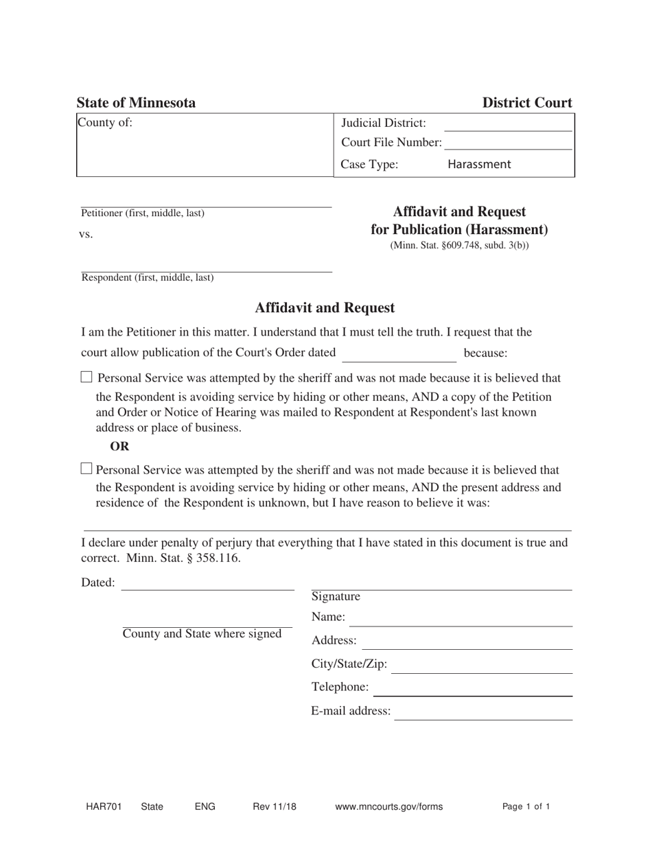 Form HAR701 Affidavit and Request for Publication (Harassment) - Minnesota, Page 1