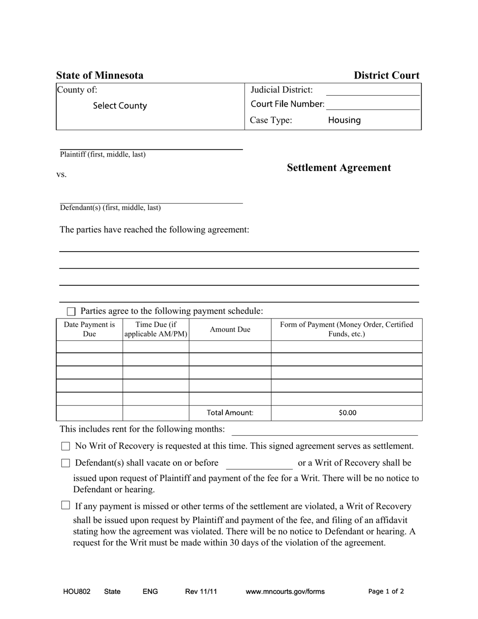 Form HOU802 Settlement Agreement - Minnesota, Page 1