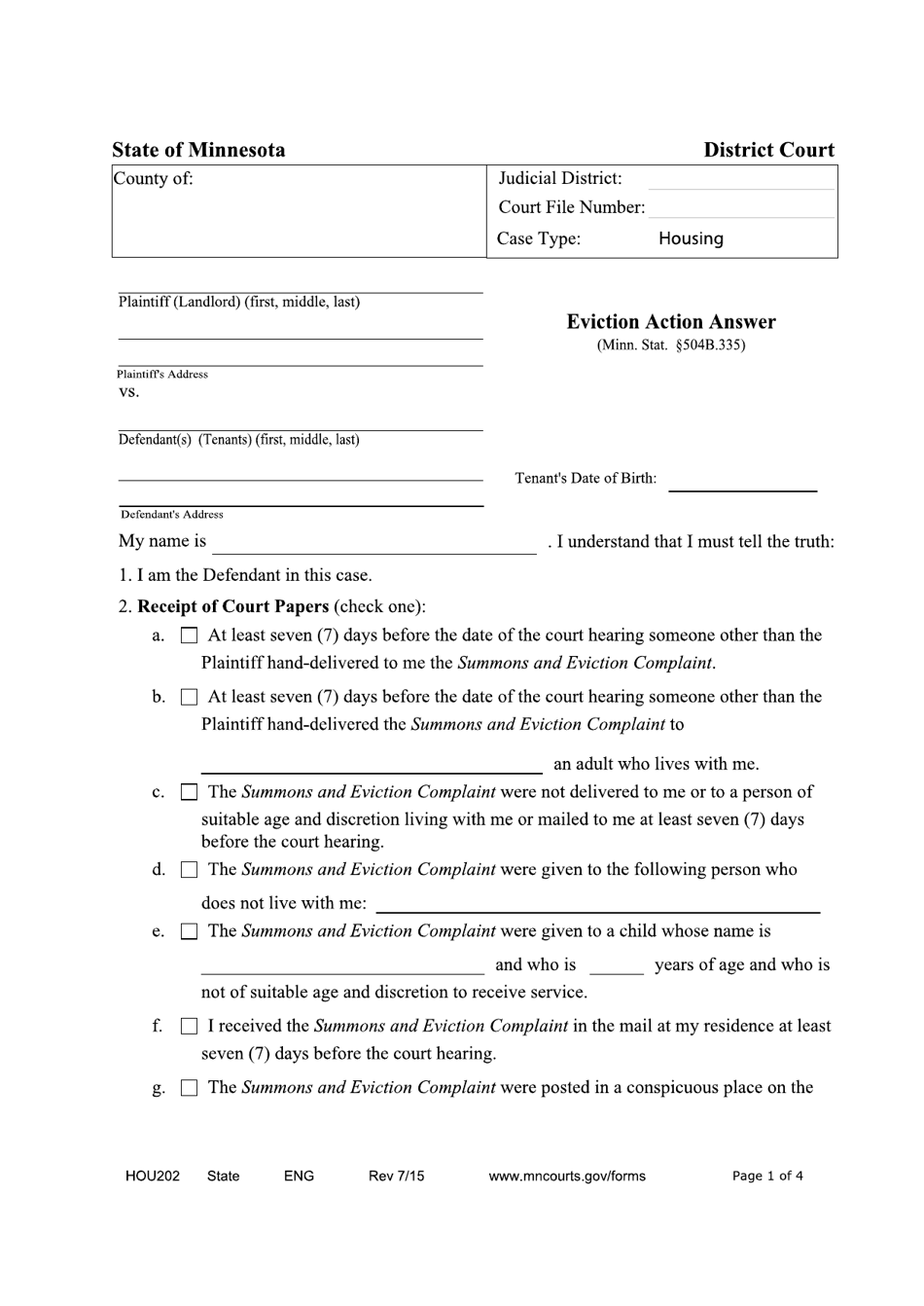 Form HOU202 Eviction Action Answer - Minnesota, Page 1